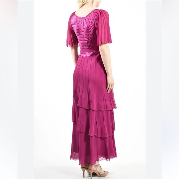 Komarov Women's Pink Flutter Sleeve Tiered Chiffon Maxi Dress small NWT $522 - Picture 6 of 9